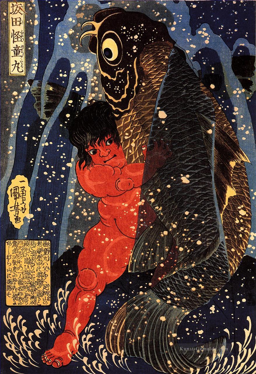 sakata kintoki kämpft mit einem riesigen Karpfen in einem Wasserfall 1836 Utagawa Kuniyoshi Japanisch Ölgemälde